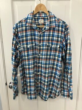 Old Navy Blue white orange Plaid flannel Button-Down long sleeve shirt size L